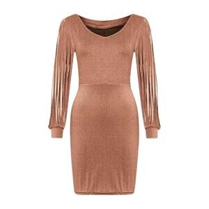 Gold Glitter Bodycon Stretchy Mini Cocktail Dress Bodycon Clubwear Cut Sleeves M